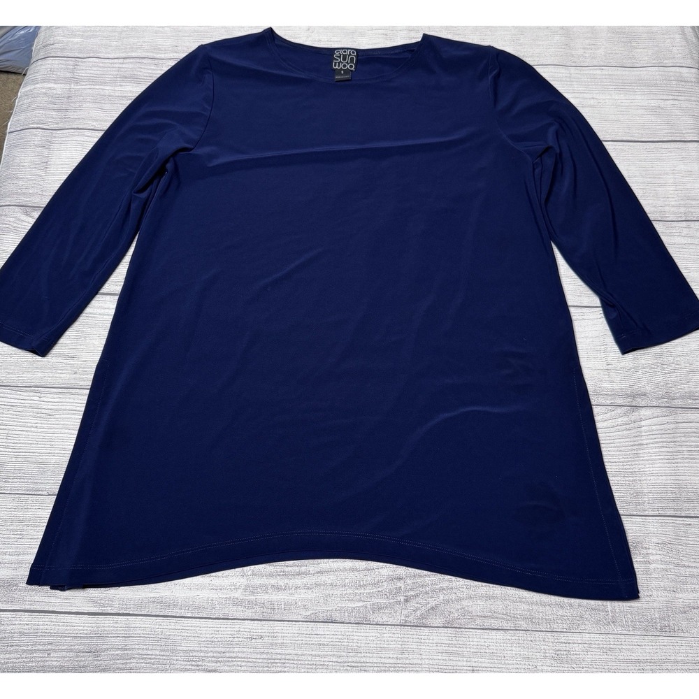 Clara Sun Woo Tunic Shirt Womens Small Navy V-Neck Stretch 3/4 Sleeve Stretch